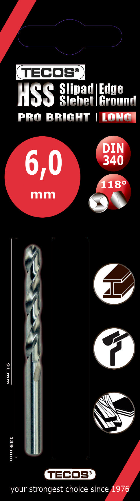 HSS Pro Bright bor. Lang, DIN 340. 6,0 × 139 mm, 1 stk.