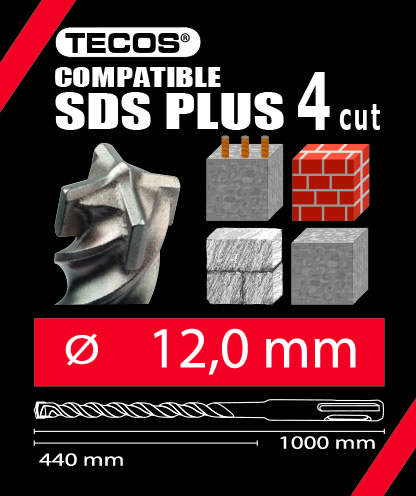 Hammerbor SDS Plus. 12 × 1000 mm, 4-Skær