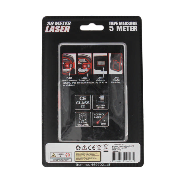Båndmål, 5 meter - med 30 m laser afstandsmåler